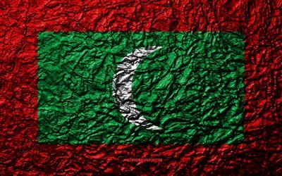 Flag of Maldives, 4k, stone texture, waves texture, Maldives flag, national symbol, Maldives, Asia, stone background
