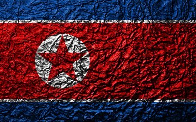 Flag of North Korea, 4k, stone texture, waves texture, North Korea flag, national symbol, North Korea, Asia, stone background