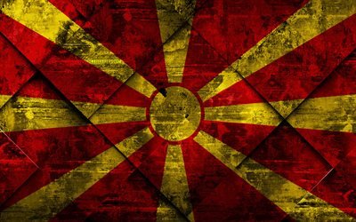 Lippu Pohjois-Makedoniassa, 4k, grunge art, rhombus grunge tekstuuri, Pohjois-Makedonian lippu, Euroopassa, kansalliset symbolit, Pohjois-Makedoniassa, creative art