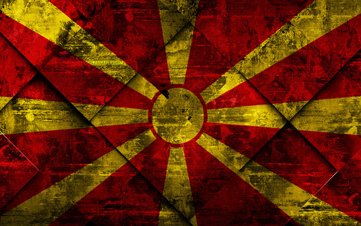 Bandeira do Norte da Maced&#243;nia, 4k, grunge arte, rombo textura grunge, Norte da Maced&#243;nia bandeira, Europa, s&#237;mbolos nacionais, Norte Da Maced&#243;nia, arte criativa