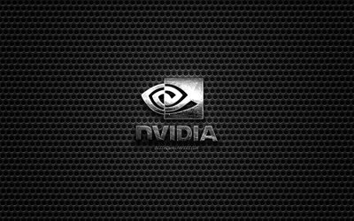 El logotipo de Nvidia, emblema de metal, arte creativo, Nvidia, marcas, dark metal de malla