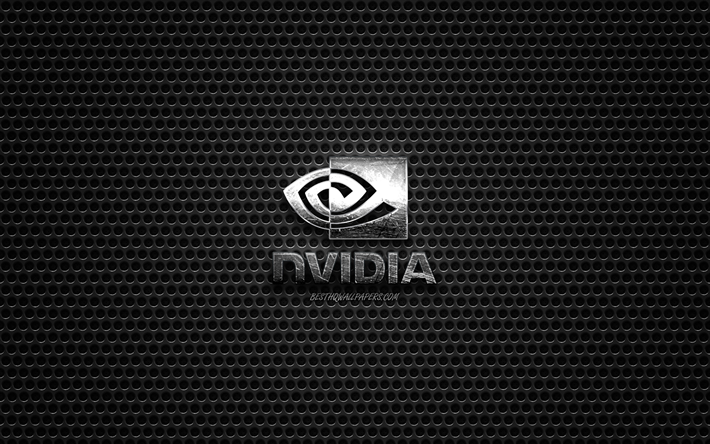 Nvidia logo, metal emblem, creative art, Nvidia, brands, dark metal mesh