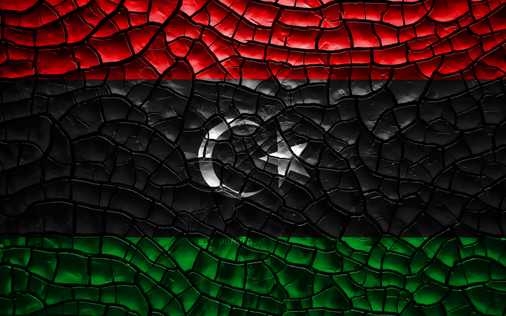 Bandiera della Libia, 4k, incrinato suolo, Africa, bandiera Libica, 3D arte, Libia, paesi Africani, simboli nazionali, Libia 3D bandiera