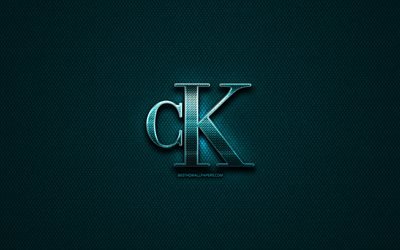 Calvin Klein glitter logo, creative, blue metal background, Calvin Klein logo, brands, Calvin Klein