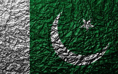 Flagga Pakistan, 4k, sten struktur, v&#229;gor konsistens, Pakistans flagga, nationell symbol, Pakistan, Asien, sten bakgrund