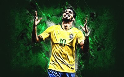 Lucas Paqueta, Brazil national football team, portrait, Brazilian soccer player, attacking midfielder, Paqueta, green stone background, creative art, football, Brazil