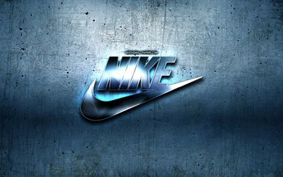 Nike logo de metal, de metal de color azul de fondo, obras de arte, Nike, marcas, Nike logo en 3D, creativa, el logotipo de Nike