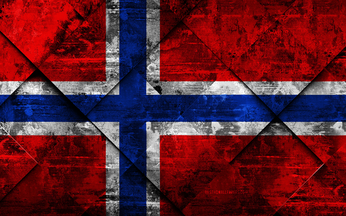 Norve&#231; bayrağı, 4k, grunge sanat, rhombus grunge doku, Avrupa, ulusal semboller, Norve&#231;, yaratıcı sanat