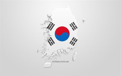 3d flag of South Korea, map silhouette of South Korea, 3d art, South Korea flag, Asia, South Korea, geography, South Korea 3d silhouette