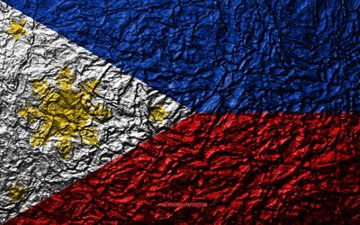 Flag of Philippines, 4k, stone texture, waves texture, Philippines flag, national symbol, Philippines, Asia, stone background