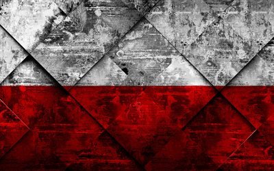 Lippu Puola, 4k, grunge art, rhombus grunge tekstuuri, Puolan lippu, Euroopassa, kansalliset symbolit, Puola, creative art