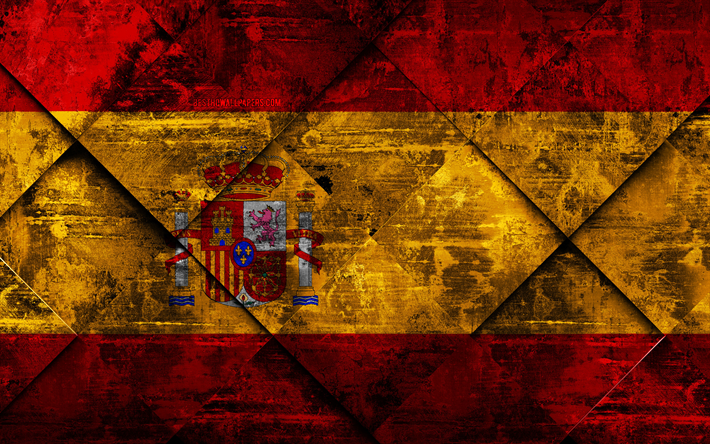 flagge von spanien, 4k, grunge, kunst, rhombus grunge-textur, spanische flagge, europa -, nationale symbole, spanien, kreative kunst