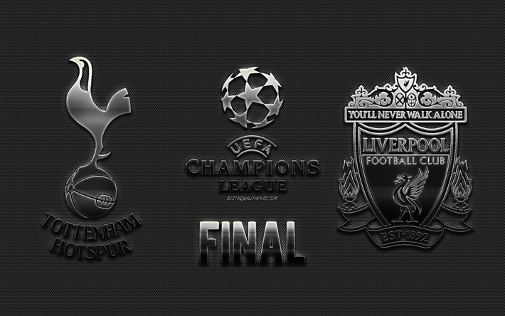 1 Tottenham Hotspur FC vs Liverpool FC, 2019 UEFA Şampiyonlar Ligi Finali, metal logo, &#231;elik amblemleri, promo, futbol ma&#231;ı, Wanda Plaza Mayor, Haziran, 2019, UEFA Şampiyonlar Ligi