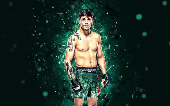 Brandon Moreno, 4k, luci al neon turchesi, combattenti messicani, MMA, UFC, arti marziali miste, Brandon Moreno 4K, combattenti UFC, combattenti MMA