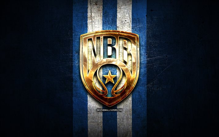 New Basket Brindisi, logotipo dourado, LBA, fundo de metal azul, clube italiano de basquete, Lega Basket Serie A, logo New Basket Brindisi, basquete, Happy Casa Brindisi