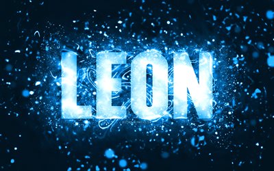 誕生日おめでとう, 4k, 青いネオンライト, レオン名, creative クリエイティブ, レオンの誕生日, 人気のあるアメリカ人男性の名前, レオンの名前の写真, レオン
