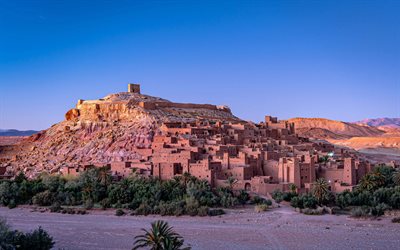 Ait Benhaddou, ksar, Sahara, Moroccan city, evening, sunset, Ait Benhaddou cityscape, Morocco