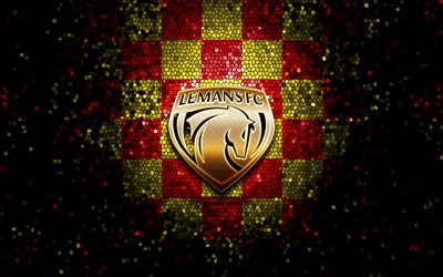Le Mans FC, glitter logo, Ligue 2, red yellow checkered background, soccer, french football club, Le Mans FC logo, mosaic art, football, FC Le Mans