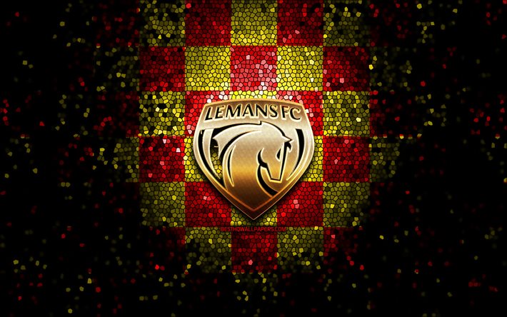 Le Mans FC, logo glitter, Ligue 2, sfondo a scacchi giallo rosso, calcio, squadra di calcio francese, logo Le Mans FC, arte del mosaico, FC Le Mans