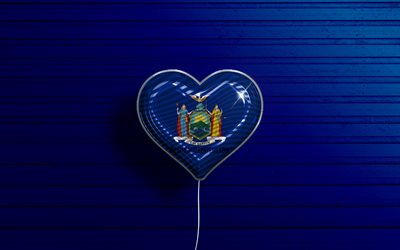 J&#39;aime New York, 4k, ballons r&#233;alistes, fond en bois bleu, &#201;tats-Unis d&#39;Am&#233;rique, coeur de drapeau de New York, drapeau de New York, ballon avec drapeau, &#201;tats am&#233;ricains, Love New York, USA
