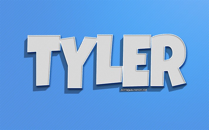 Tyler, sfondo a righe blu, sfondi con nomi, nome di Tyler, nomi maschili, biglietto di auguri di Tyler, disegni al tratto, foto con nome di Tyler