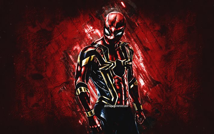 Iron Spider, superhj&#228;lte, r&#246;d sten bakgrund, driven exoskelett, Iron Spider art, Spider-Man