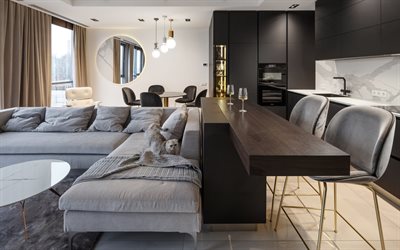 モダンなインテリアデザイン, スタイリッシュなアパートメント, living room, キッチン, ダイニング, キッチンの黒い家具, 大きな丸い鏡, リビングルームの灰色のソファ