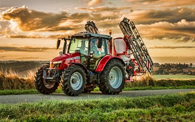 Massey Ferguson 5713 S, sunset, HDR, 2021 tractors, road, agricultural machinery, harvest, red tractor, agriculture, Massey Ferguson