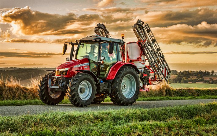 Massey Ferguson 5713 S, coucher de soleil, HDR, 2021 tracteurs, route, machines agricoles, r&#233;colte, tracteur rouge, agriculture, Massey Ferguson