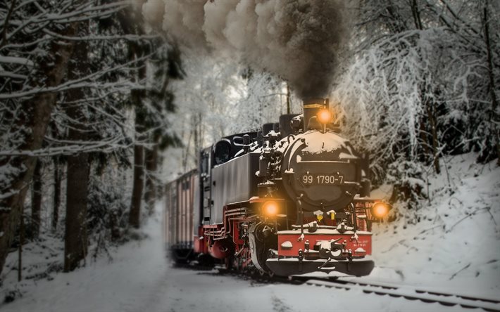 vieux train, 4k, hiver, bokeh, chemin de fer, locomotive, trains, train de marchandises