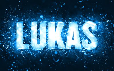 Happy Birthday Lukas, 4k, blue neon lights, Lukas name, creative, Lukas Happy Birthday, Lukas Birthday, popular american male names, picture with Lukas name, Lukas