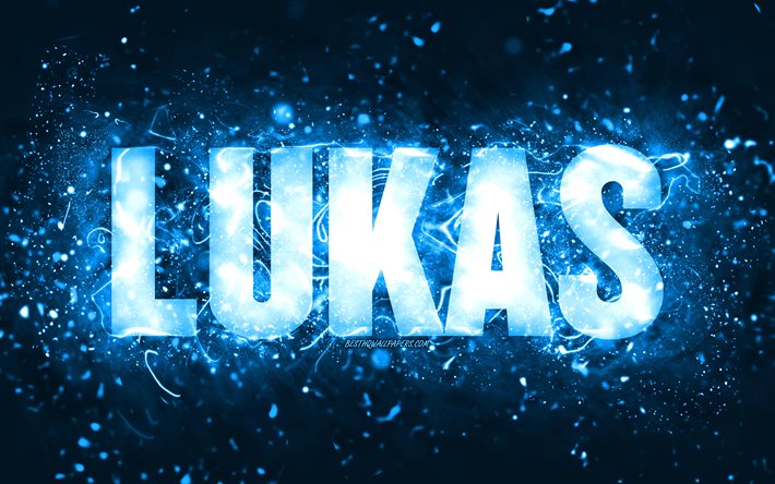 Buon compleanno Lukas, 4k, luci al neon blu, nome Lukas, creativo, buon compleanno Lukas, compleanno Lukas, nomi maschili americani popolari, foto con nome Lukas, Lukas