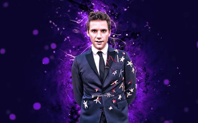 Mika, 4k, luzes de n&#233;on violetas, cantor brit&#226;nico, estrelas da m&#250;sica, celebridade brit&#226;nica, Michael Holbrook Penniman Jr, superestrelas, Mika 4K