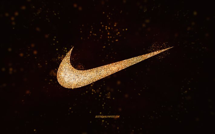 Nike glitterlogotyp, svart bakgrund, Nike-logotyp, gul glitterkonst, Nike, kreativ konst, Nike gul glitterlogo