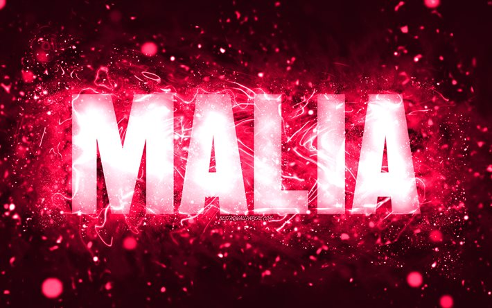Joyeux anniversaire Malia, 4k, n&#233;ons roses, nom Malia, cr&#233;atif, Malia Joyeux anniversaire, anniversaire Malia, noms f&#233;minins am&#233;ricains populaires, photo avec le nom Malia, Malia
