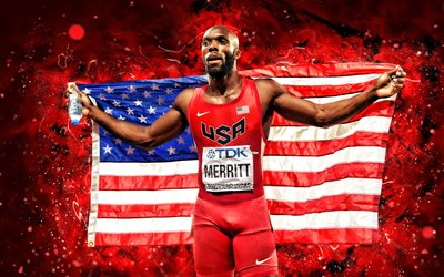 LaShawn Merritt, 4k, red neon lights, american sprinter, athlete, USA National Team, creative, LaShawn Merritt with US flag, athletics, LaShawn Merritt 4K