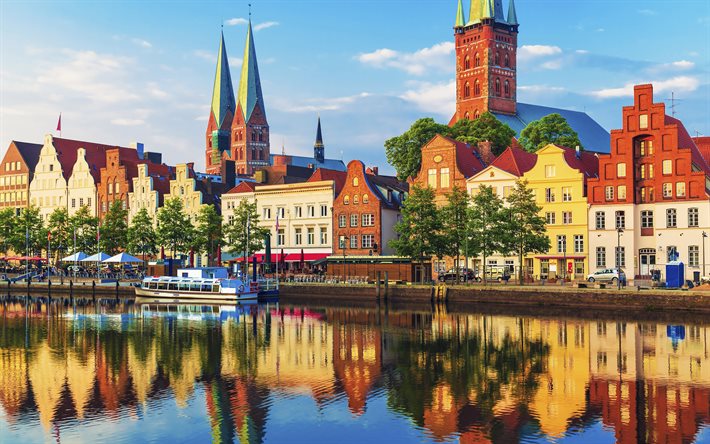 Lubeck, 4k, water channel, cityscapes, summer, german cities, Europe, Germany, Cities of Germany, Lubeck Germany