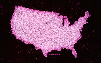 USA glitter map, black background, USA map, purple glitter art, Map of USA, creative art, USA purple map, USA