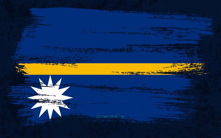 4k, Bandeira de Nauru, bandeiras do grunge, pa&#237;ses da Oceania, s&#237;mbolos nacionais, pincelada, bandeira de Nauru, arte do grunge, Oceania, Nauru