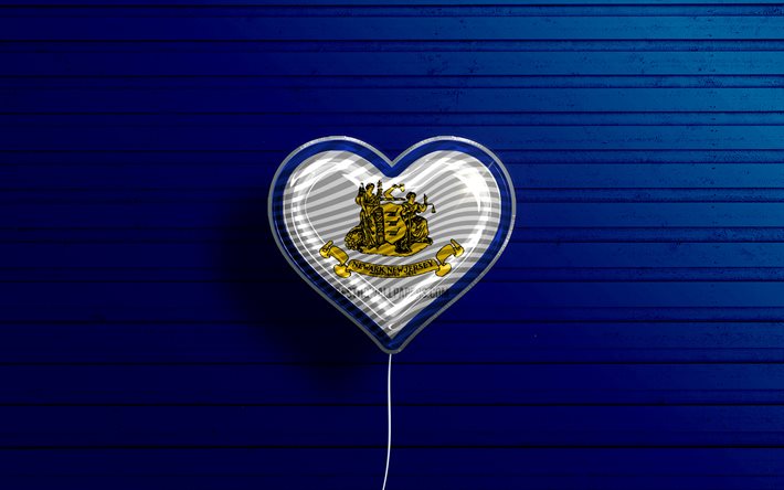 I Love Newark, New Jersey, 4k, bal&#245;es realistas, fundo azul de madeira, cidades americanas, bandeira de Newark, bal&#227;o com bandeira, Newark, cidades dos EUA