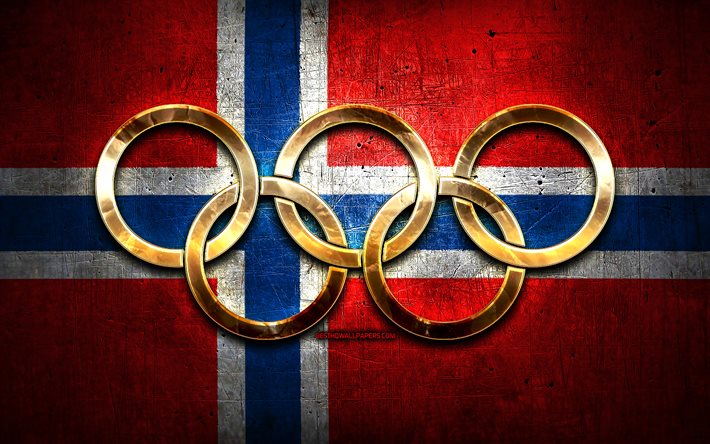 Norska olympiska laget, gyllene olympiska ringar, Norge vid OS, kreativa, norska flaggan, metallbakgrund, Norges olympiska lag