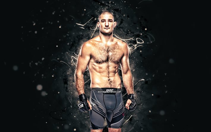 Sean Strickland, 4k, beyaz neon ışıklar, Amerikan savaş&#231;ılar, MMA, UFC, Karışık d&#246;v&#252;ş sanatları, Sean Strickland 4K, UFC savaş&#231;ıları, MMA savaş&#231;ıları
