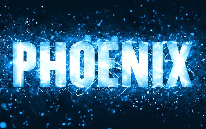 alles gute zum geburtstag phoenix, 4k, blaue neonlichter, phoenix name, kreativ, phoenix alles gute zum geburtstag, phoenix geburtstag, beliebte amerikanische m&#228;nnliche namen, bild mit phoenix namen, phoenix