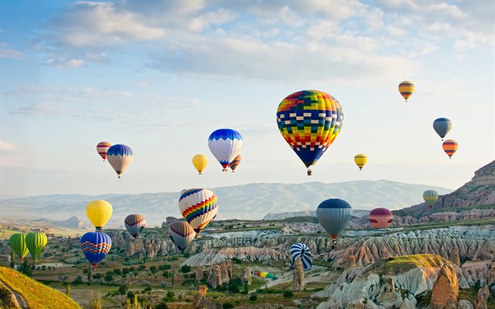 Cappadocia, balloons, evening, Aktepe, Rock Sites of Cappadocia, mountain landscape, Kappadokia, Turkey
