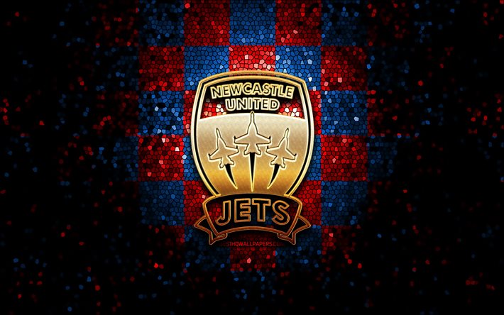 Newcastle Jets FC, logotipo brilhante, A-League, fundo xadrez vermelho azul, futebol, clube de futebol australiano, logotipo do Newcastle Jets, Austr&#225;lia, arte em mosaico, Newcastle Jets