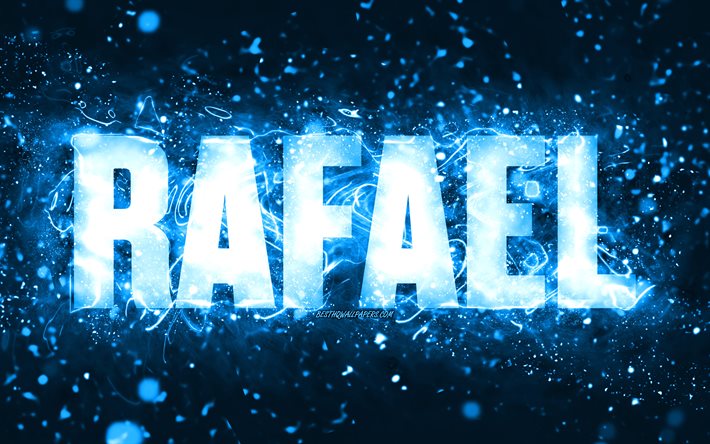お誕生日おめでとうラファエル, 4k, 青いネオンライト, ラファエルの名前, creative クリエイティブ, ラファエルお誕生日おめでとう, ラファエルの誕生日, 人気のあるアメリカ人男性の名前, ラファエルの名前の写真, ラファエル