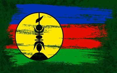 4k, Flag of New Caledonia, grunge flags, Oceanian countries, national symbols, New Caledonian flag, brush stroke, New Caledonia flag, grunge art, Oceania, New Caledonia