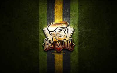 North Bay Battalion, golden logo, OHL, green metal background, canadian hockey team, North Bay Battalion logo, hockey, Canada