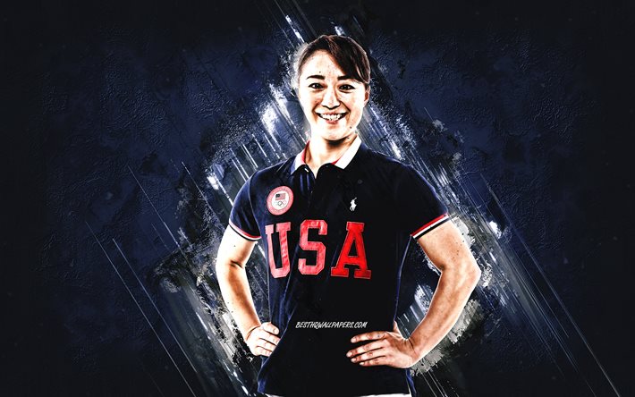 國米櫻, アメリカの空手女性, 米国, 青い石の背景, アメリカ国立オリンピックチーム, 空手