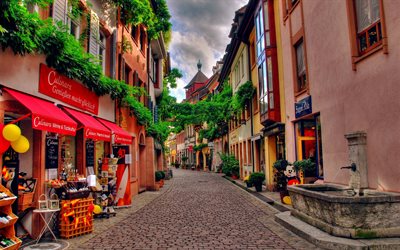 Swiss cities, old street, HDR, summer, paver, Switzerland, Europe
